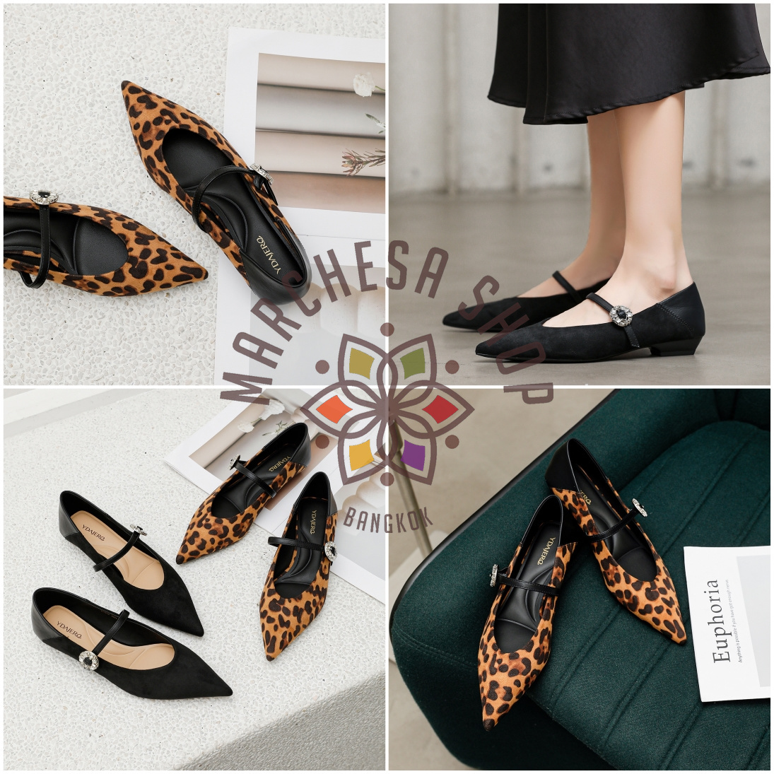 S3164 - 牛皮拼接暗紋一字帶平底鞋