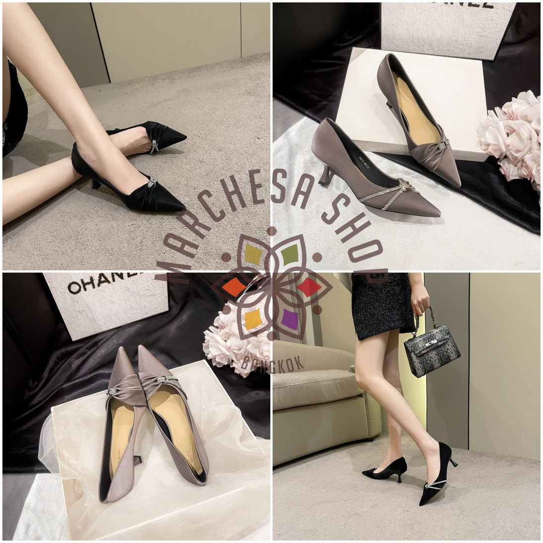 S3165 - 羊皮絲綢閃鑽一字扭帶尖頭高踭鞋