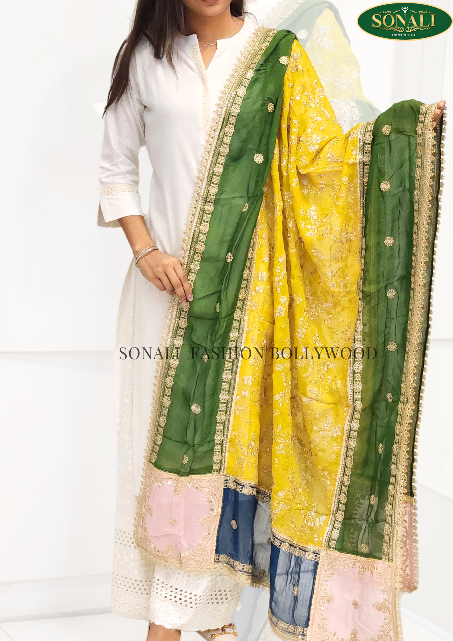 Sonali Premier Quality Women's Dupattas Georgette Sequence Border Work Embroidered Gota patti Multicolor Dupatta