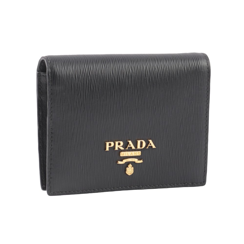 【Prada】浮雕Logo 水波紋皮革二折零錢袋短夾