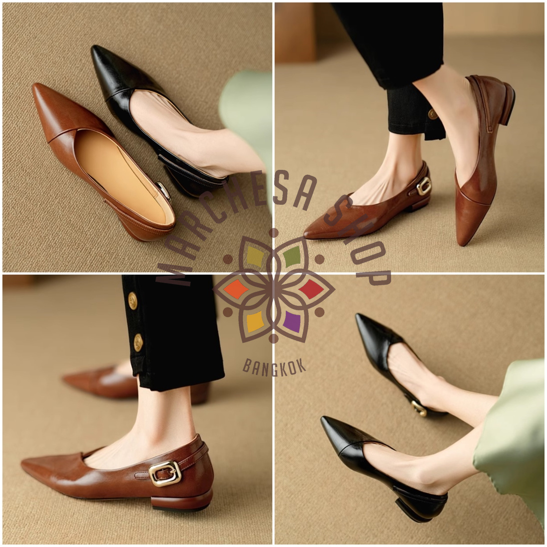 S3166 - 全真皮羊皮後踭一字帶尖頭平底鞋