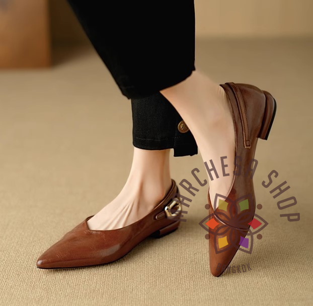 S3166 - 全真皮羊皮後踭一字帶尖頭平底鞋