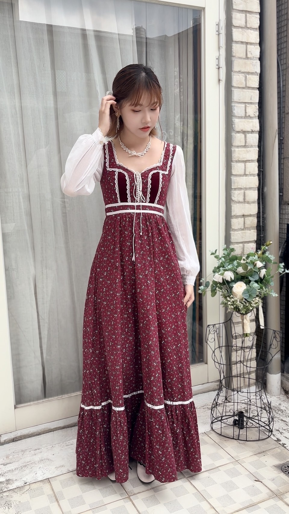 Vintage Dress/古著Gunne Sax(標籤遺失)莓紅色碎花草原風禮服