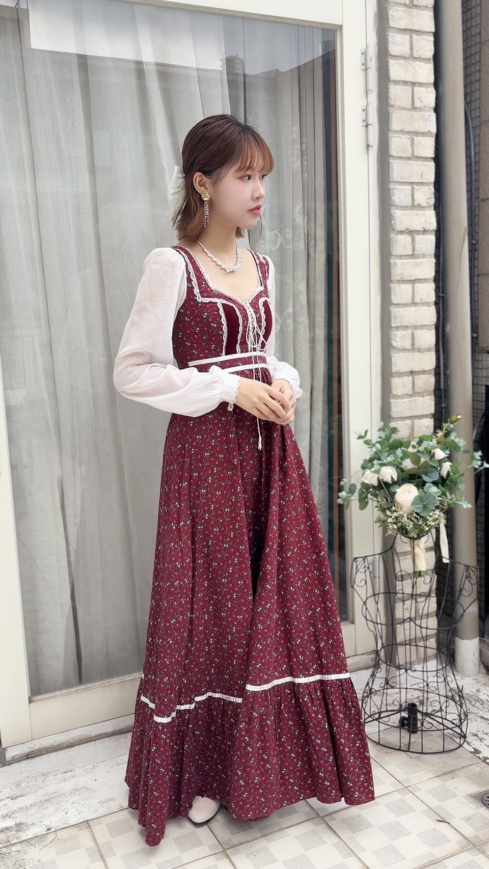 Vintage Dress/古著Gunne Sax(標籤遺失)莓紅色碎花草原風禮服