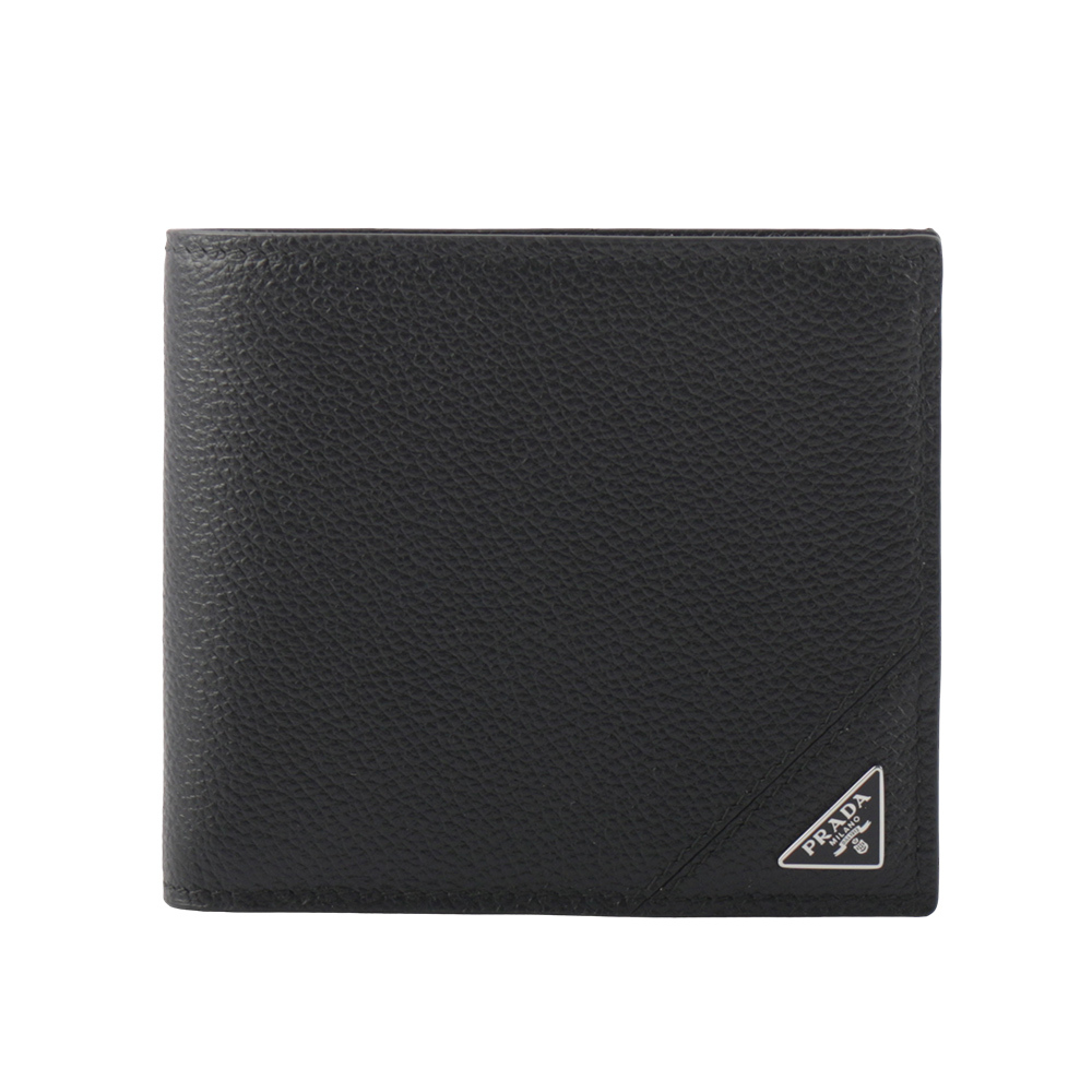 【Prada】銀色三角牌Logo 粒紋皮革對開零錢袋短夾