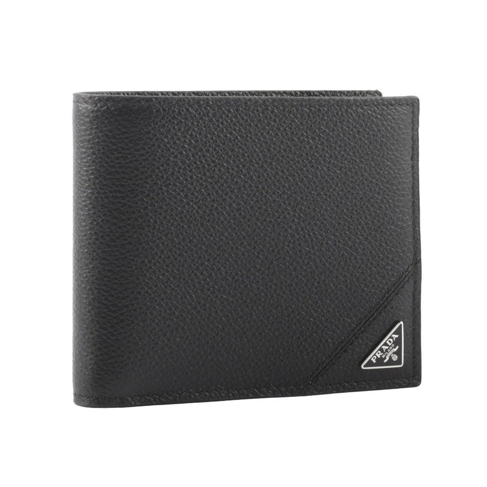 【Prada】銀色三角牌Logo 粒紋皮革對開零錢袋短夾