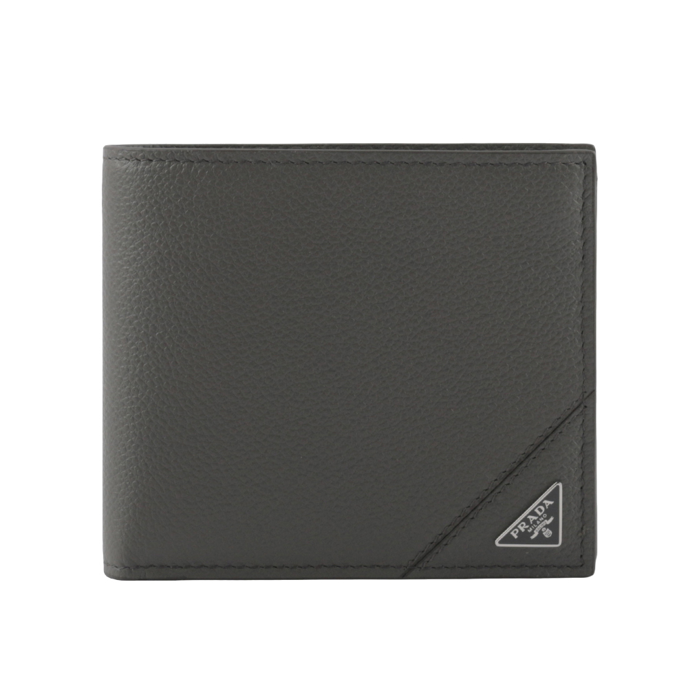 【Prada】銀色三角牌Logo 粒紋皮革對開零錢袋短夾