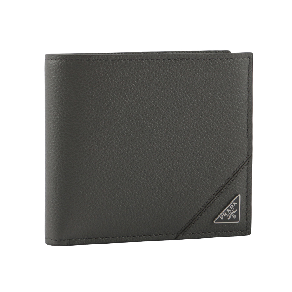 【Prada】銀色三角牌Logo 粒紋皮革對開零錢袋短夾