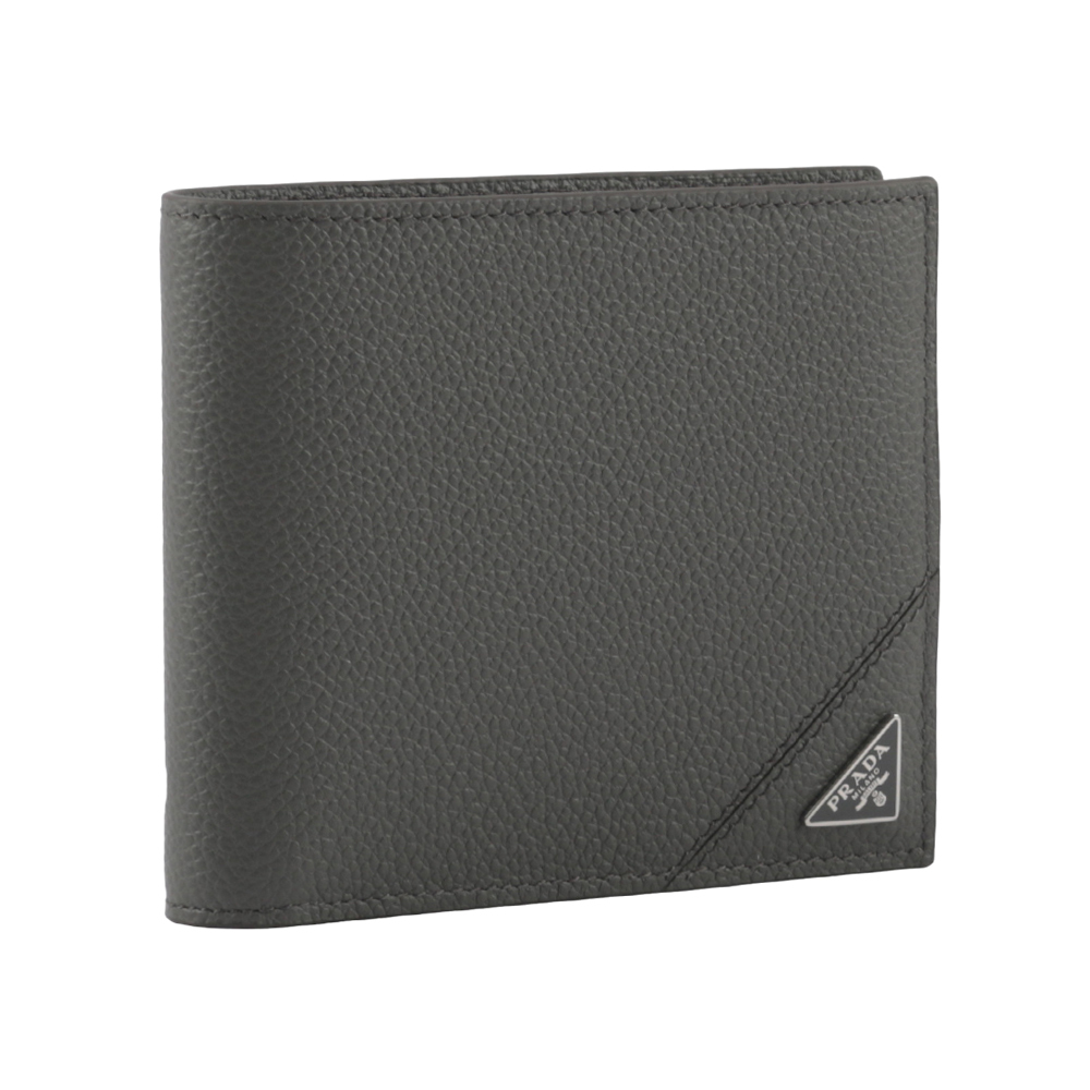 【Prada】三角牌Logo粒紋牛皮對開8卡短夾