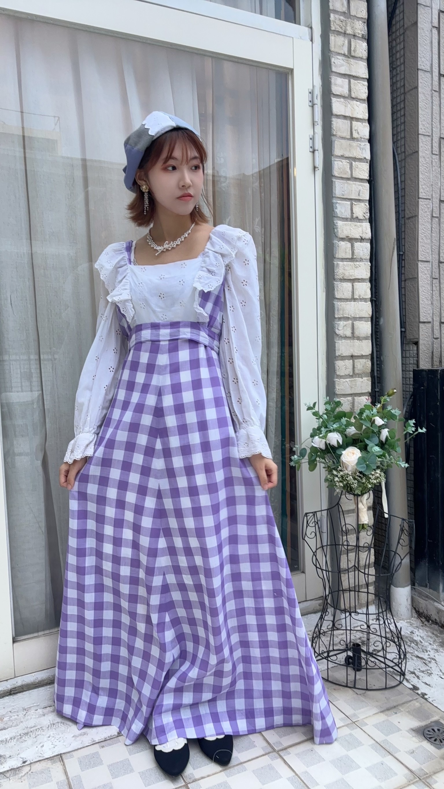 Vintage Dress/紫色格紋方領古著禮服