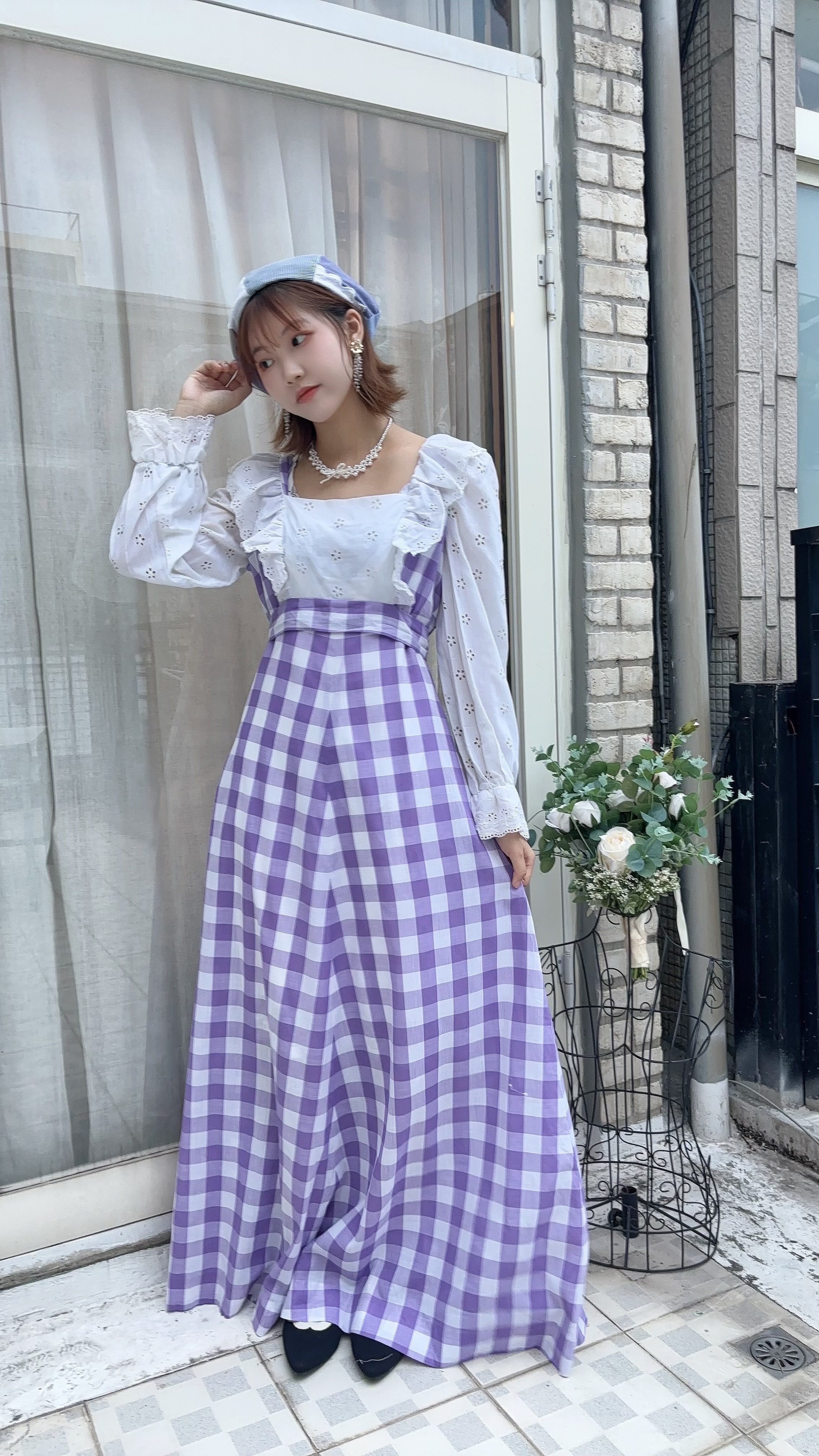 Vintage Dress/紫色格紋方領古著禮服
