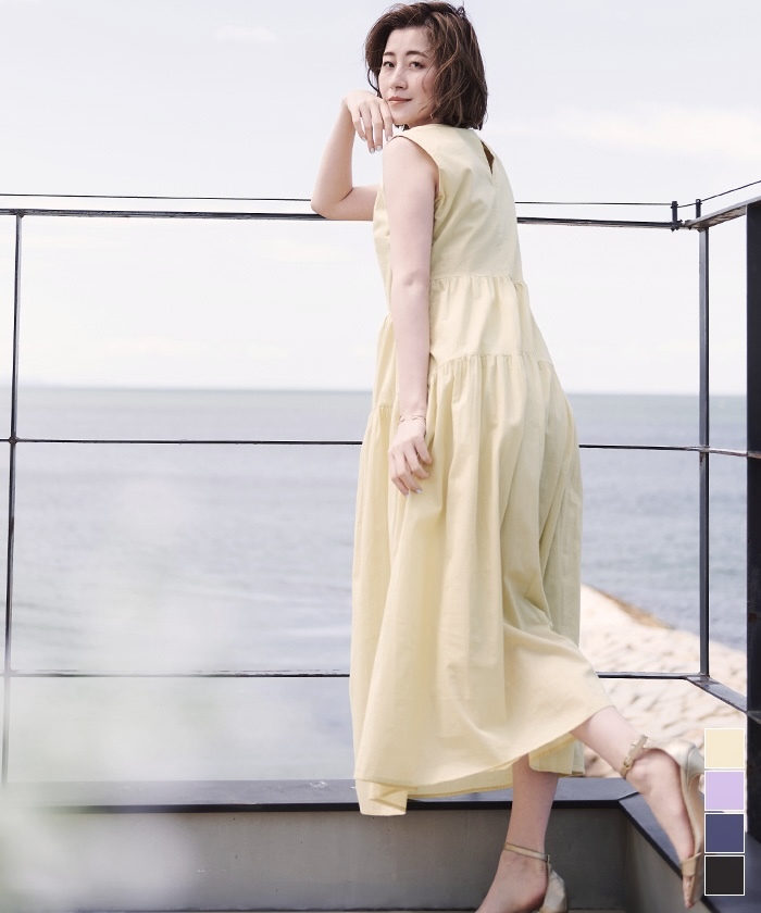 ur’s コットンクルーネックティアードワンピース 黃M（BDXU1607）