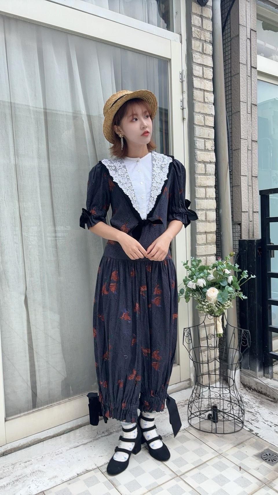 Vintage Dress/蕾絲領絨布拼接黑色緞帶古著連身褲