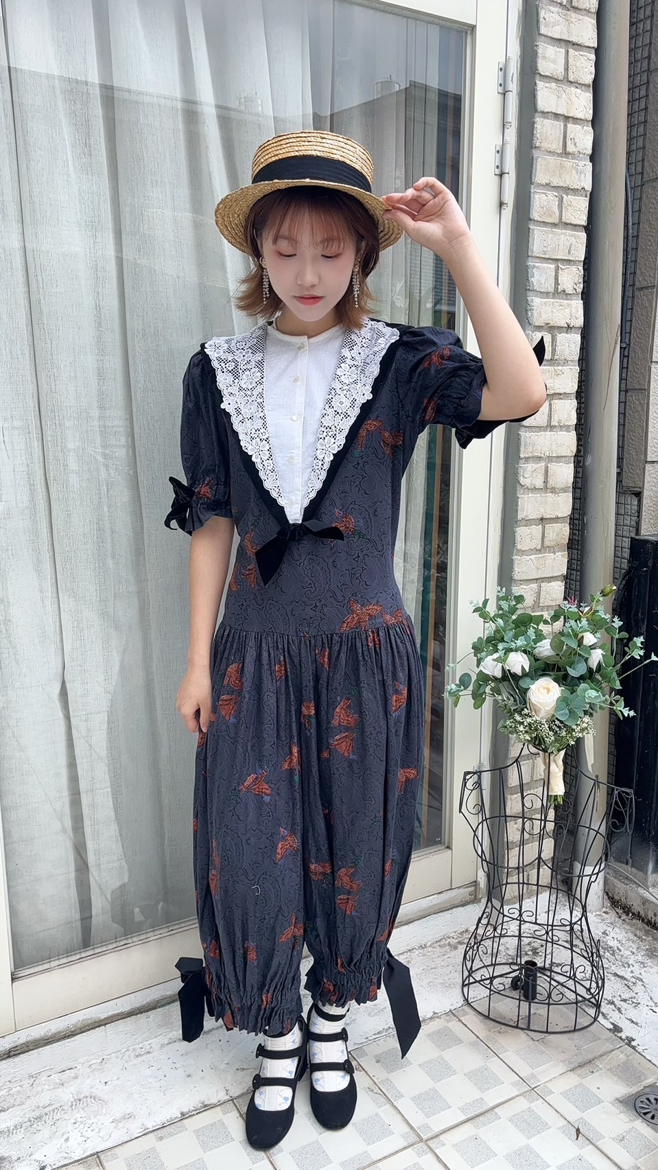 Vintage Dress/蕾絲領絨布拼接黑色緞帶古著連身褲