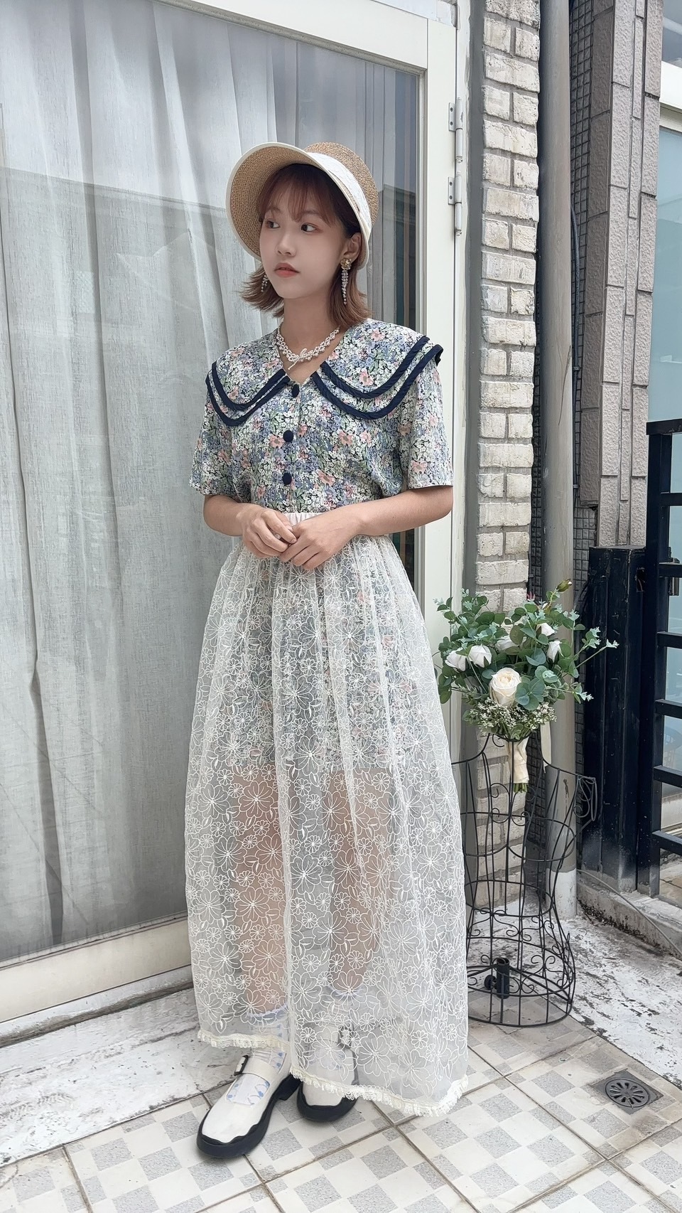 Vintage Dress/藍綠色大翻領碎花古著洋裝