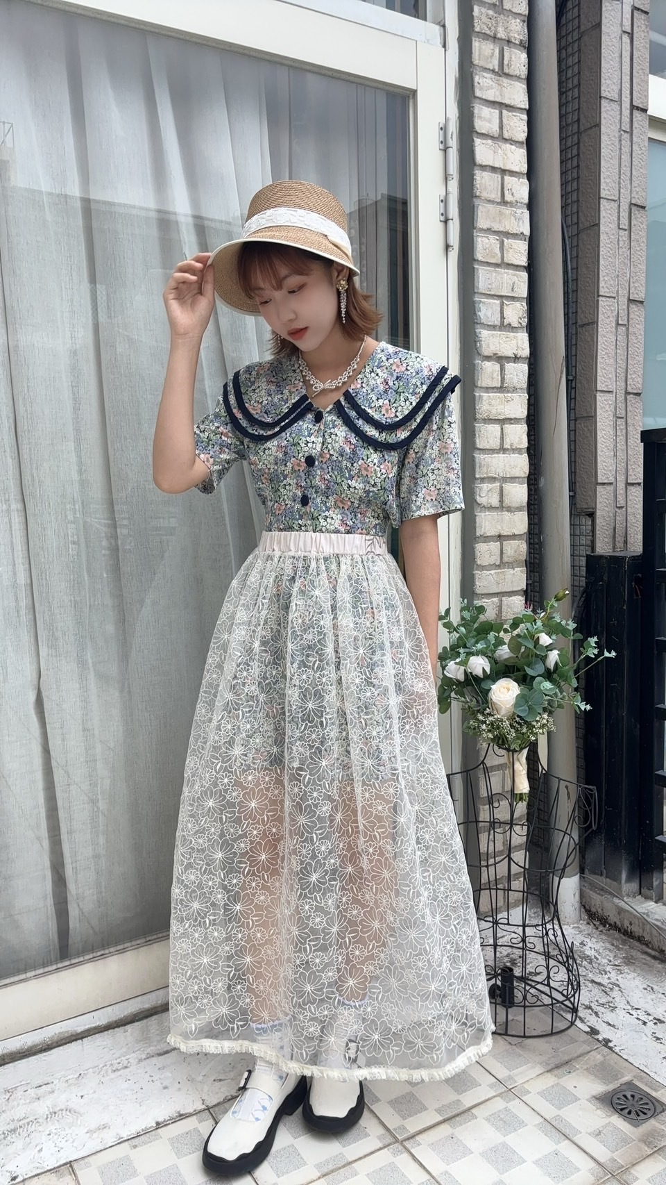 Vintage Dress/藍綠色大翻領碎花古著洋裝
