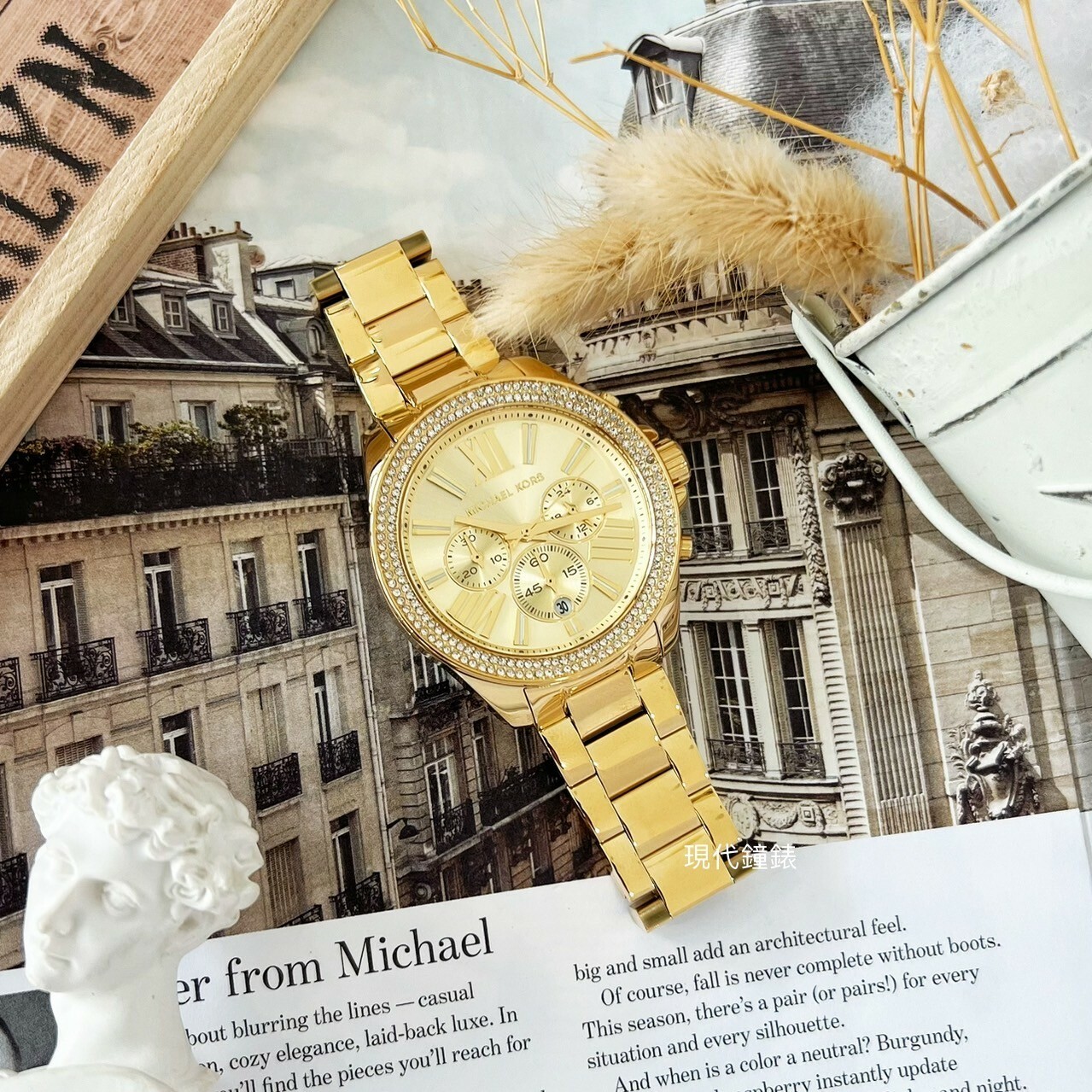 【MICHAEL KORS】 Wren 流光閃耀環鑽三眼金錶MK7428 42m 現代鐘錶