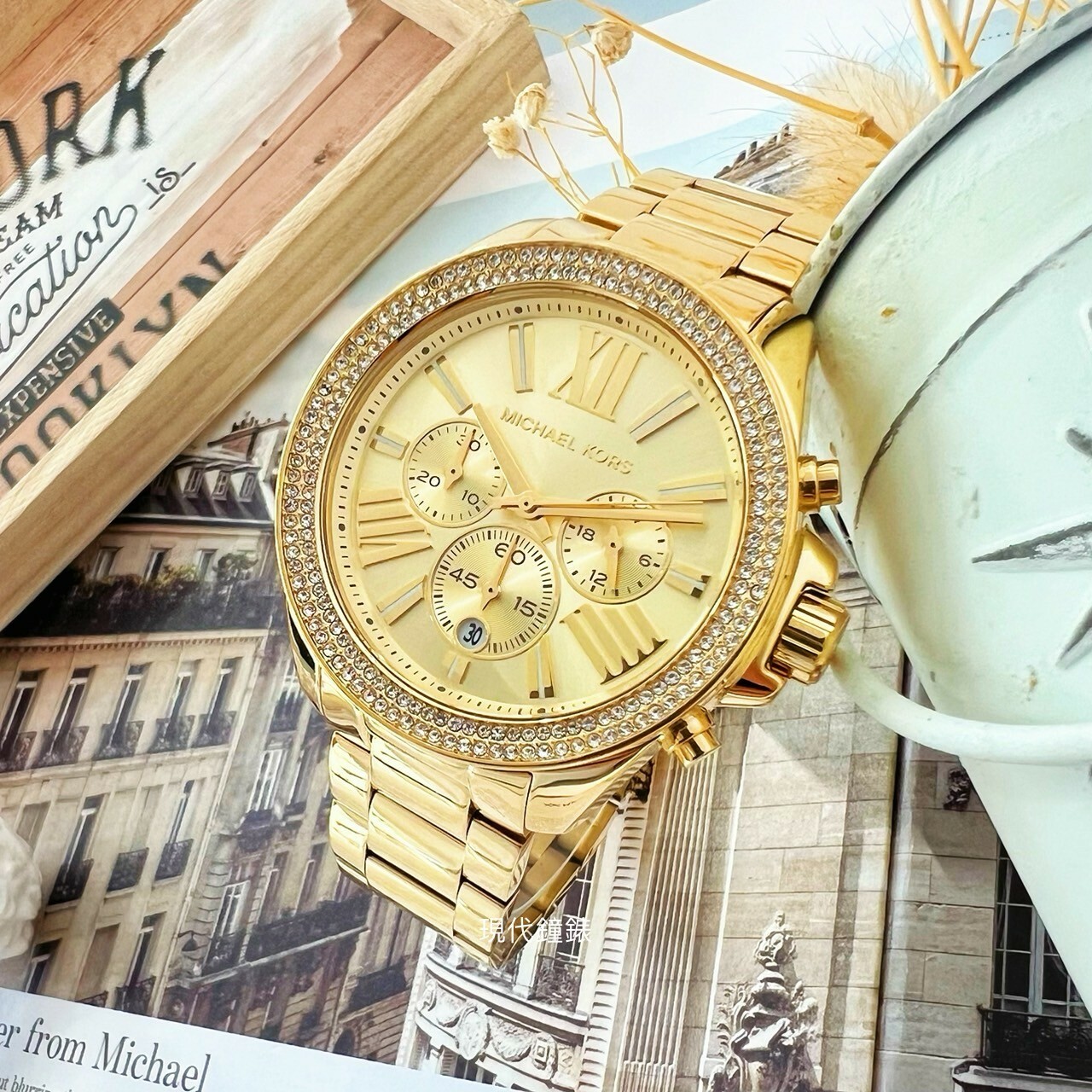 【MICHAEL KORS】 Wren 流光閃耀環鑽三眼金錶MK7428 42m 現代鐘錶