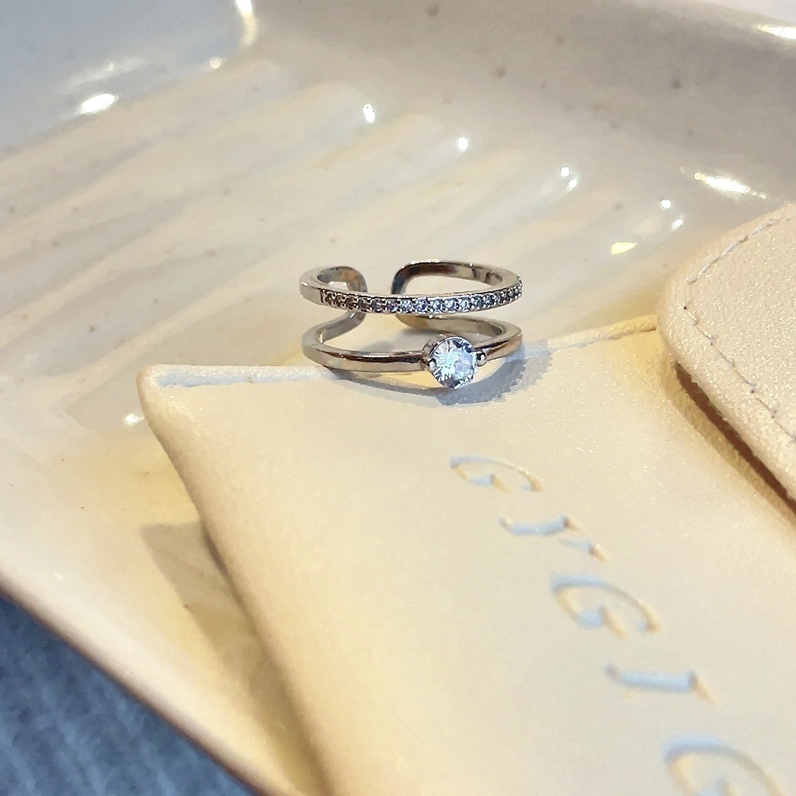 silver銀鑽雙層基本開口鑽戒