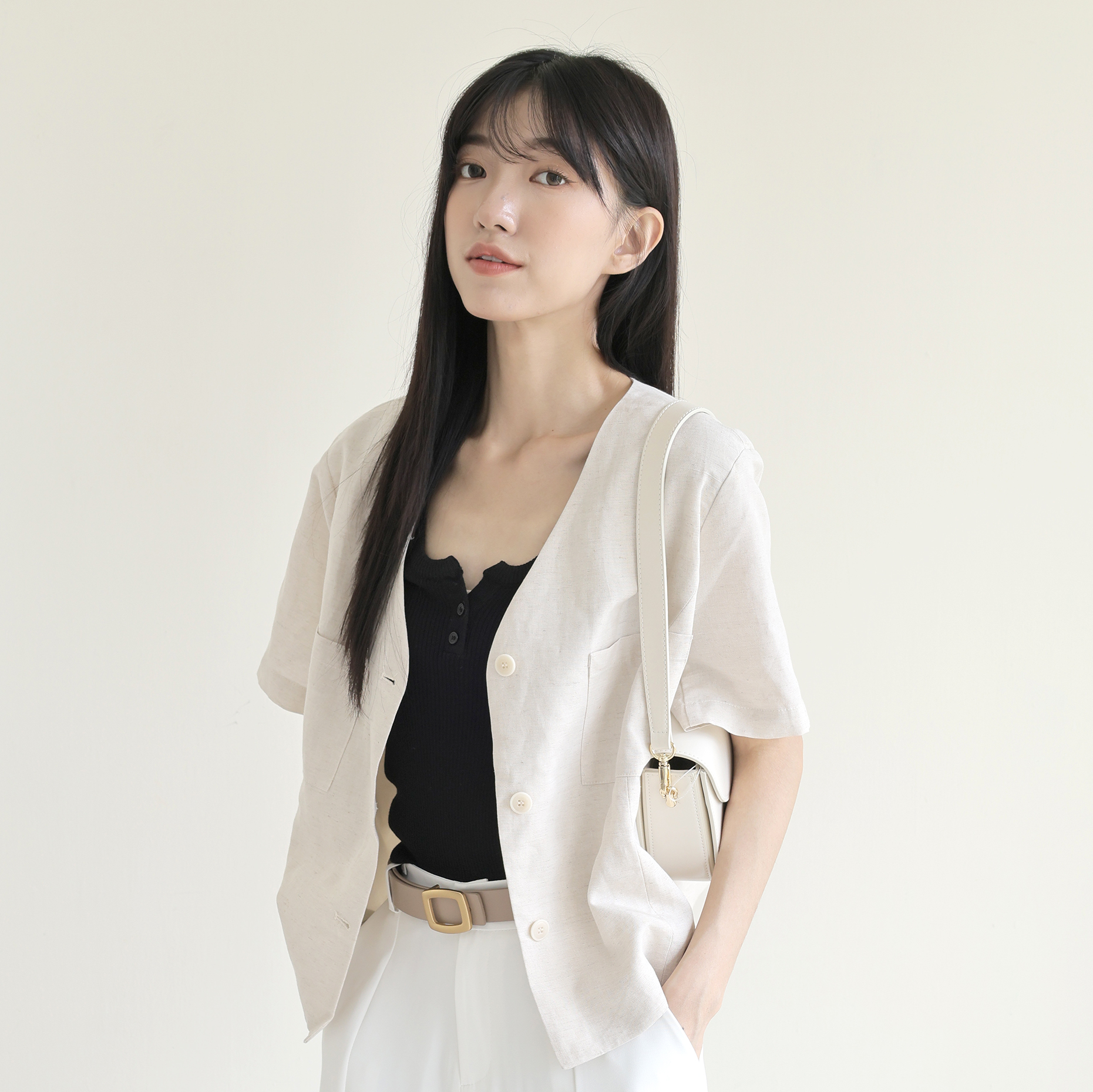 V領雙口袋亞麻感小外套