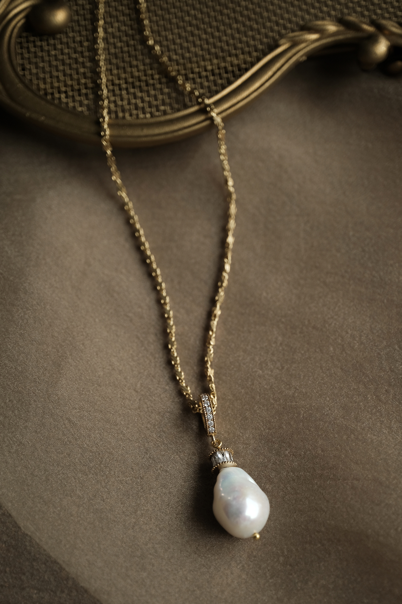 黃銅飾品, 項鍊, 飾品, 黃銅, 鋯石,天然珍珠,巴洛克珍珠