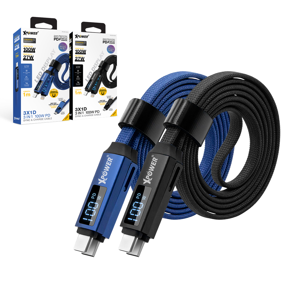 XPower 3X1D 3合1 100W PD 鋁合金高速傳輸充電線(特價產品3個月保養)