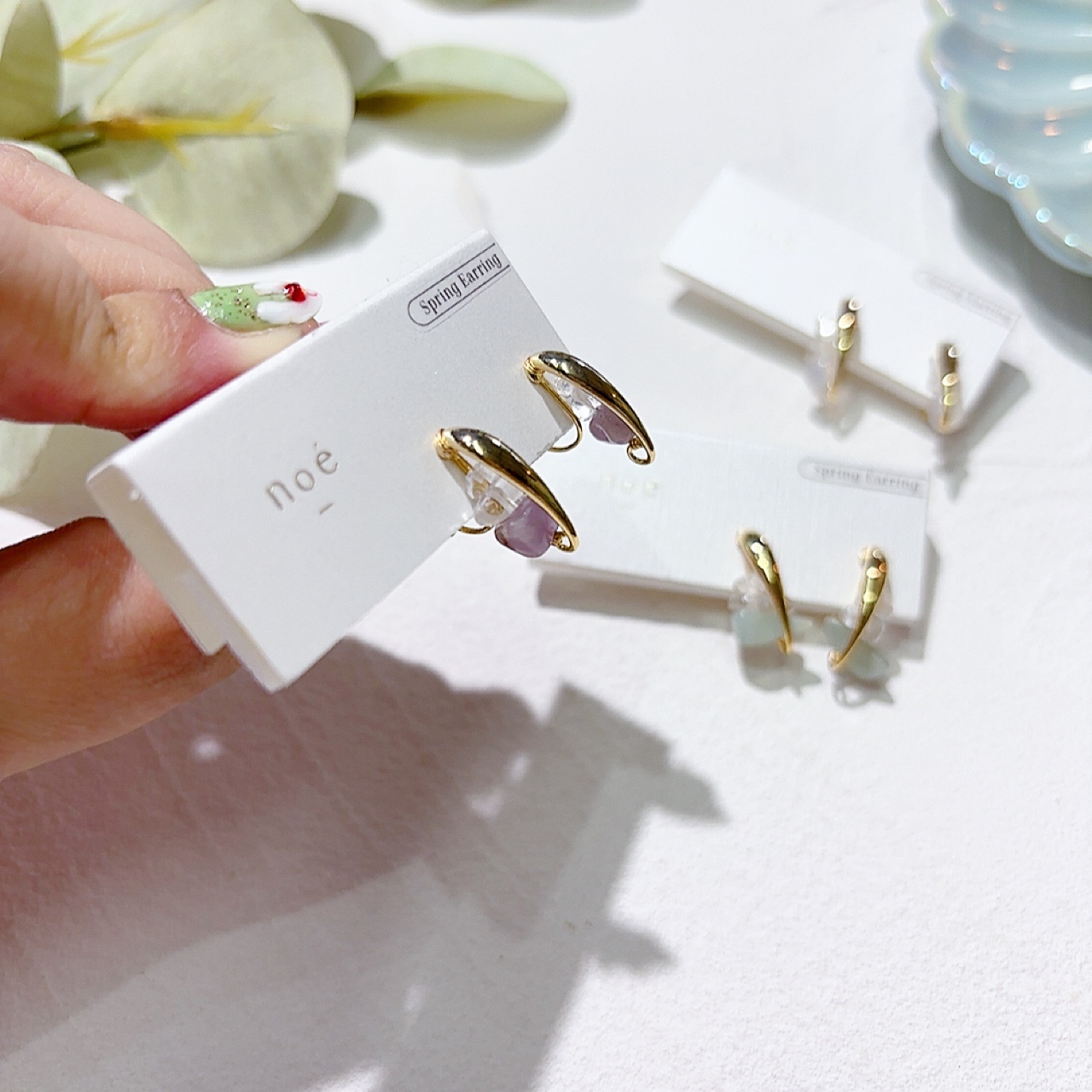 天然石金屬耳夾耳環