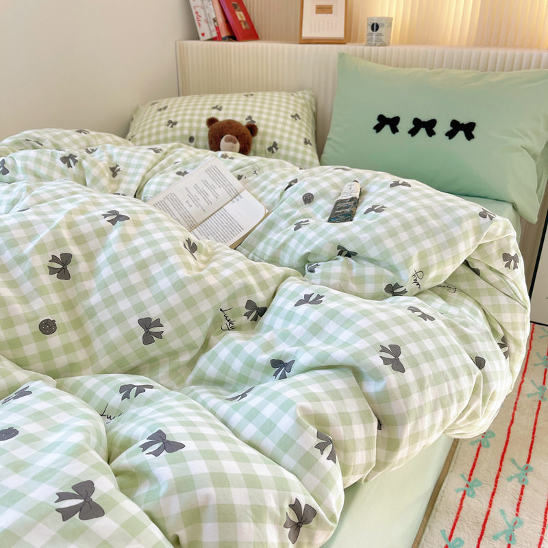 《4576》ins奶油風蝴蝶結刺繡四件套