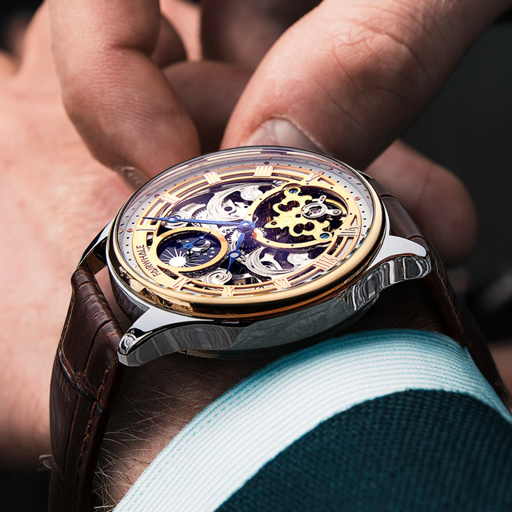 【Mark fairwhale 馬克菲爾】 6100 精緻時尚 日月星辰 流雲雕花 機械 鏤空 夜光 陀飛輪 皮革 手錶