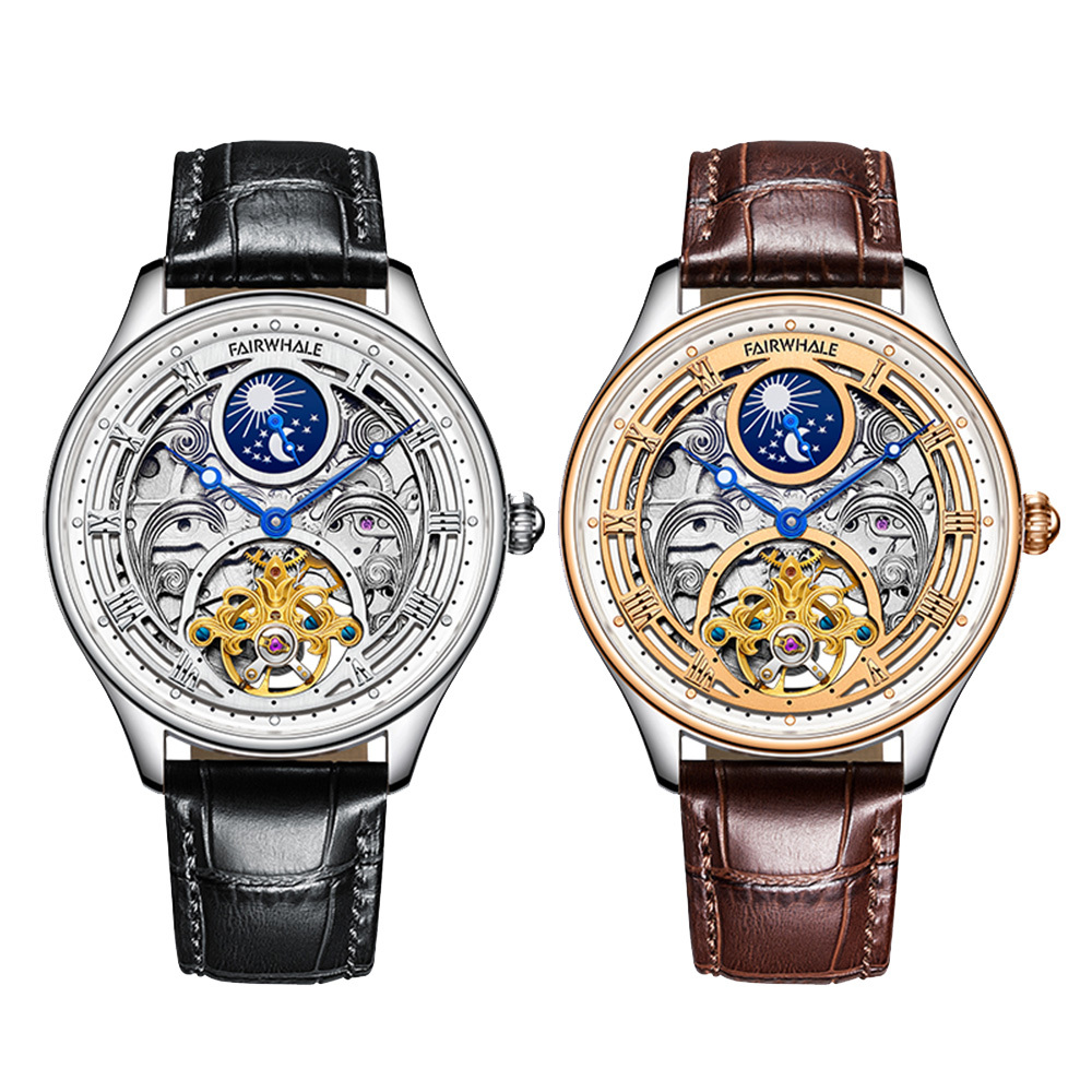 (預購)【Mark fairwhale 馬克菲爾】 6100 精緻時尚 日月星辰 流雲雕花 機械 鏤空 夜光 陀飛輪 皮革 手錶