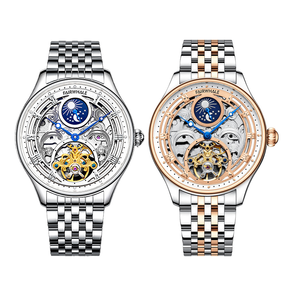 (預購)【Mark fairwhale 馬克菲爾 】6100 精緻時尚 日月星辰 流雲雕花 機械 鏤空 夜光 陀飛輪 不鏽鋼 手錶