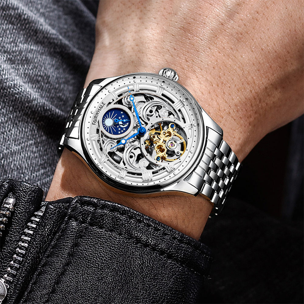 【Mark fairwhale 馬克菲爾 】6100 精緻時尚 日月星辰 流雲雕花 機械 鏤空 夜光 陀飛輪 不鏽鋼 手錶