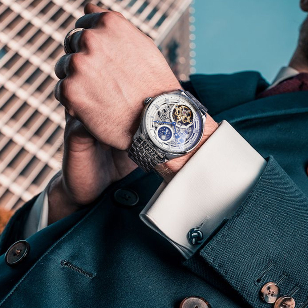 【Mark fairwhale 馬克菲爾 】6100 精緻時尚 日月星辰 流雲雕花 機械 鏤空 夜光 陀飛輪 不鏽鋼 手錶