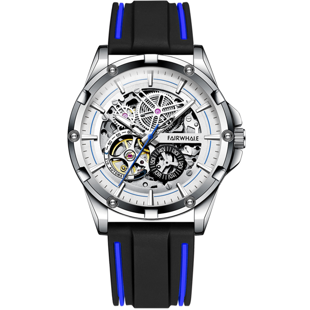 【Mark Fairwhale 馬克菲爾】 6260 雅致多色 雙面鏤空 機械狂徒 星際翱翔 夜光 矽膠 全自動機械錶