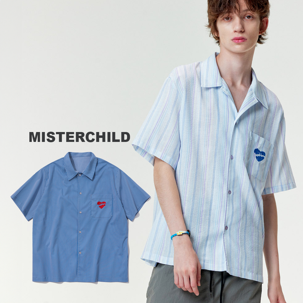 MISTERCHILD 條紋絨毛刺繡 愛心口袋襯衫 短袖 上衣