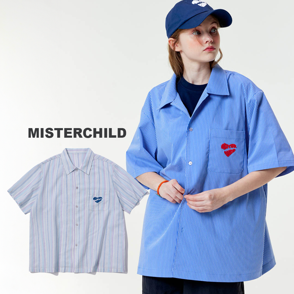 MISTERCHILD 條紋絨毛刺繡 愛心口袋襯衫 短袖 上衣