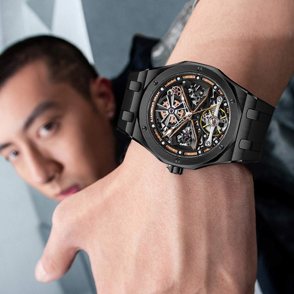 (預購)【Mark Fairwhale 馬克菲爾】FW-6400-P2 潮流個性 X造型雙面鏤空 機械夜光錶 黑玫金