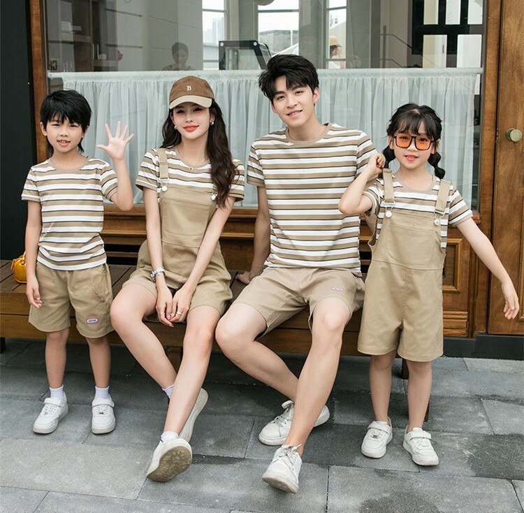 少量現貨 親子裝 條紋上衣+吊帶褲 / 短褲套裝 卡其色