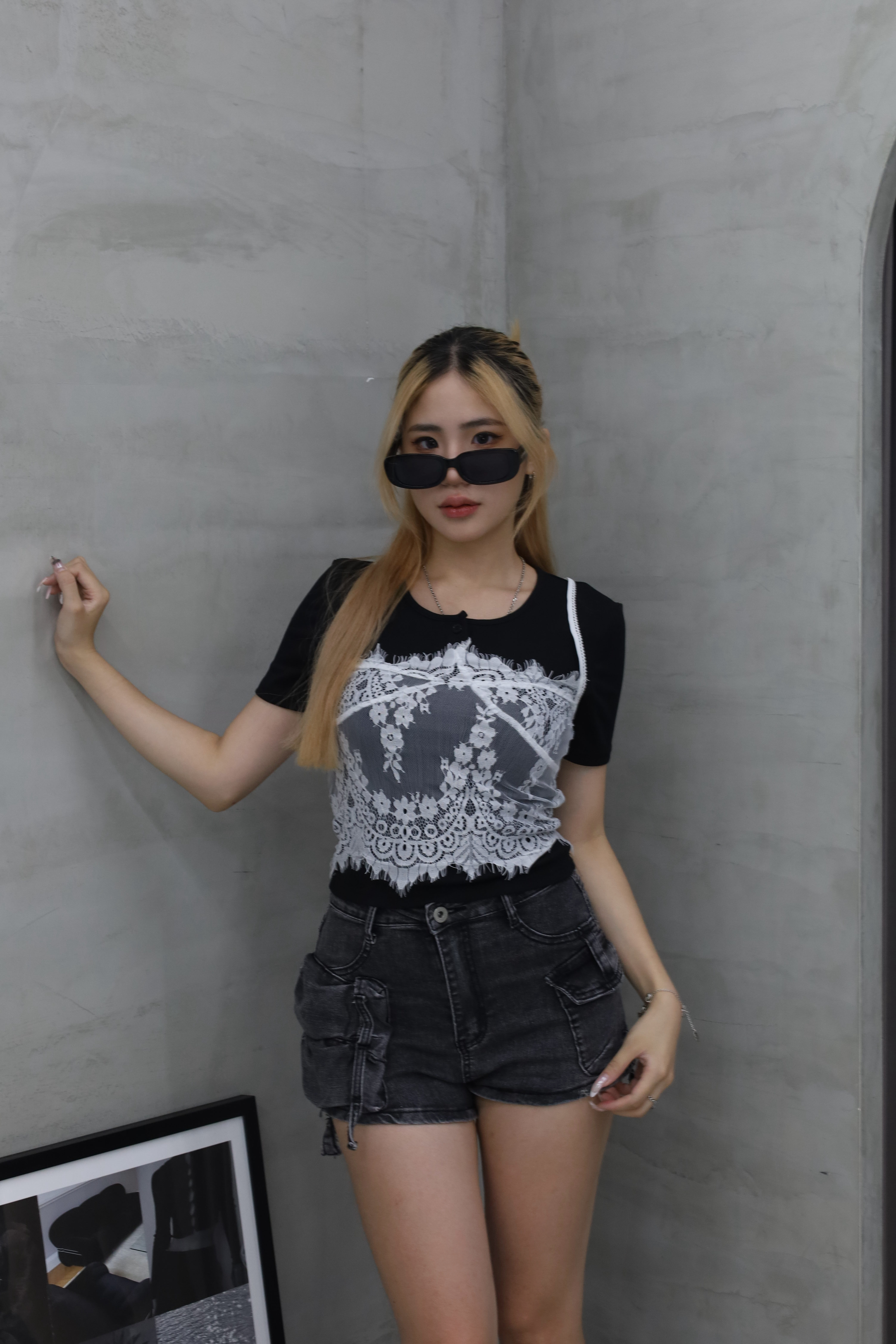 假兩件蕾絲背心上衣