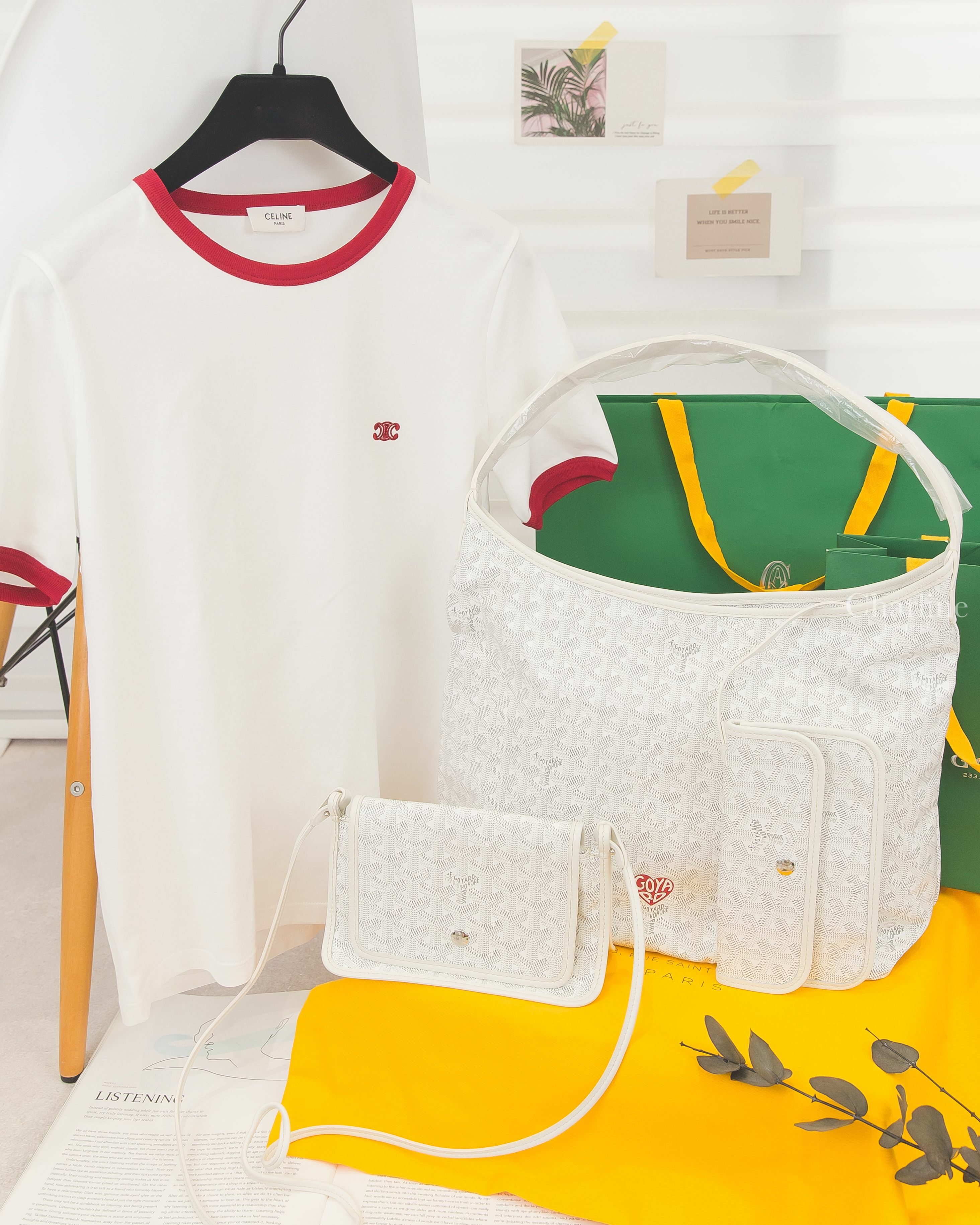 Goyard Bohème Hobo 白色紅色愛心手提肩背包,Goyard Plumet Pocket Wallet 白色小牛皮肩背包,Celine 白色赭紅色滾邊刺繡凱旋門短袖棉T-Charline Boutique 精品代購