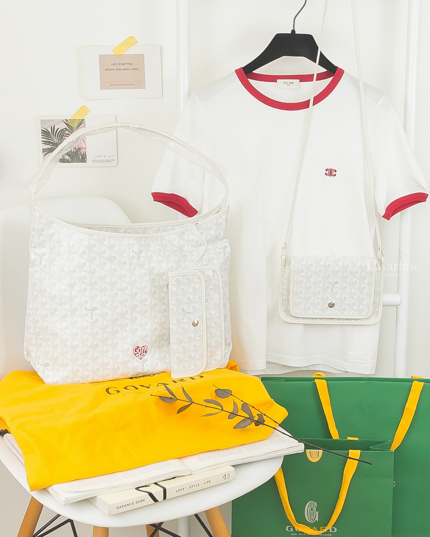 Goyard Bohème Hobo 白色紅色愛心手提肩背包,Goyard Plumet Pocket Wallet 白色小牛皮肩背包,Celine 白色赭紅色滾邊刺繡凱旋門短袖棉T-Charline Boutique 精品代購