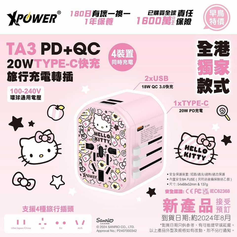 24048-KT Sanrio Hello Kitty PD+QC 快充旅行轉插 #XP24