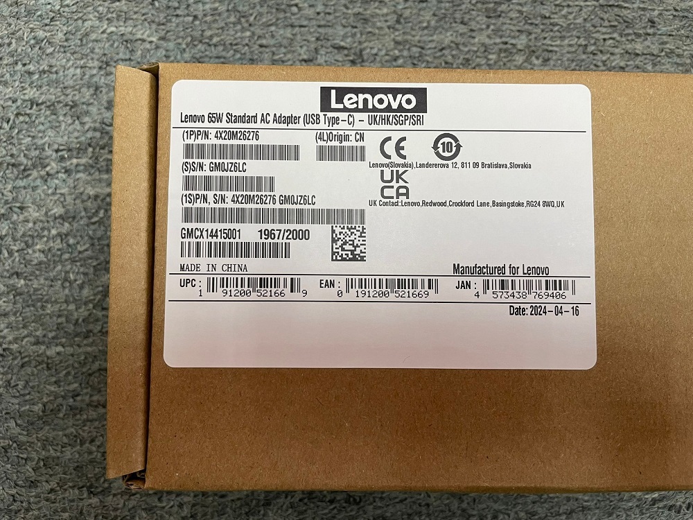 Lenovo 65W 筆記本電腦電源 (USB Type-C) 4X20M26276