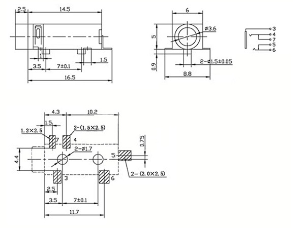 3.5mm 耳機插座 5P SMD,尺寸規格