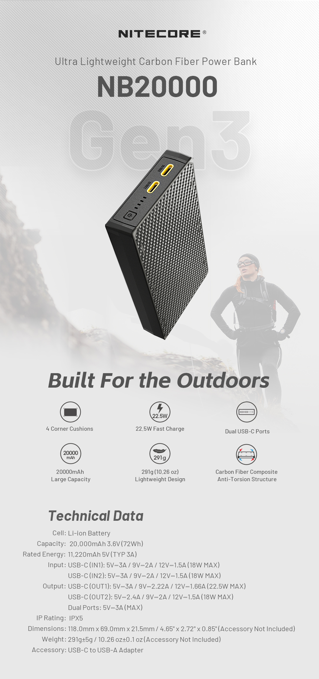 全新3C認證版本 - Nitecore NB20000 Gen3 Ultralight Carbon Power Bank 超輕碳纖行動電源(三代 2024新款)