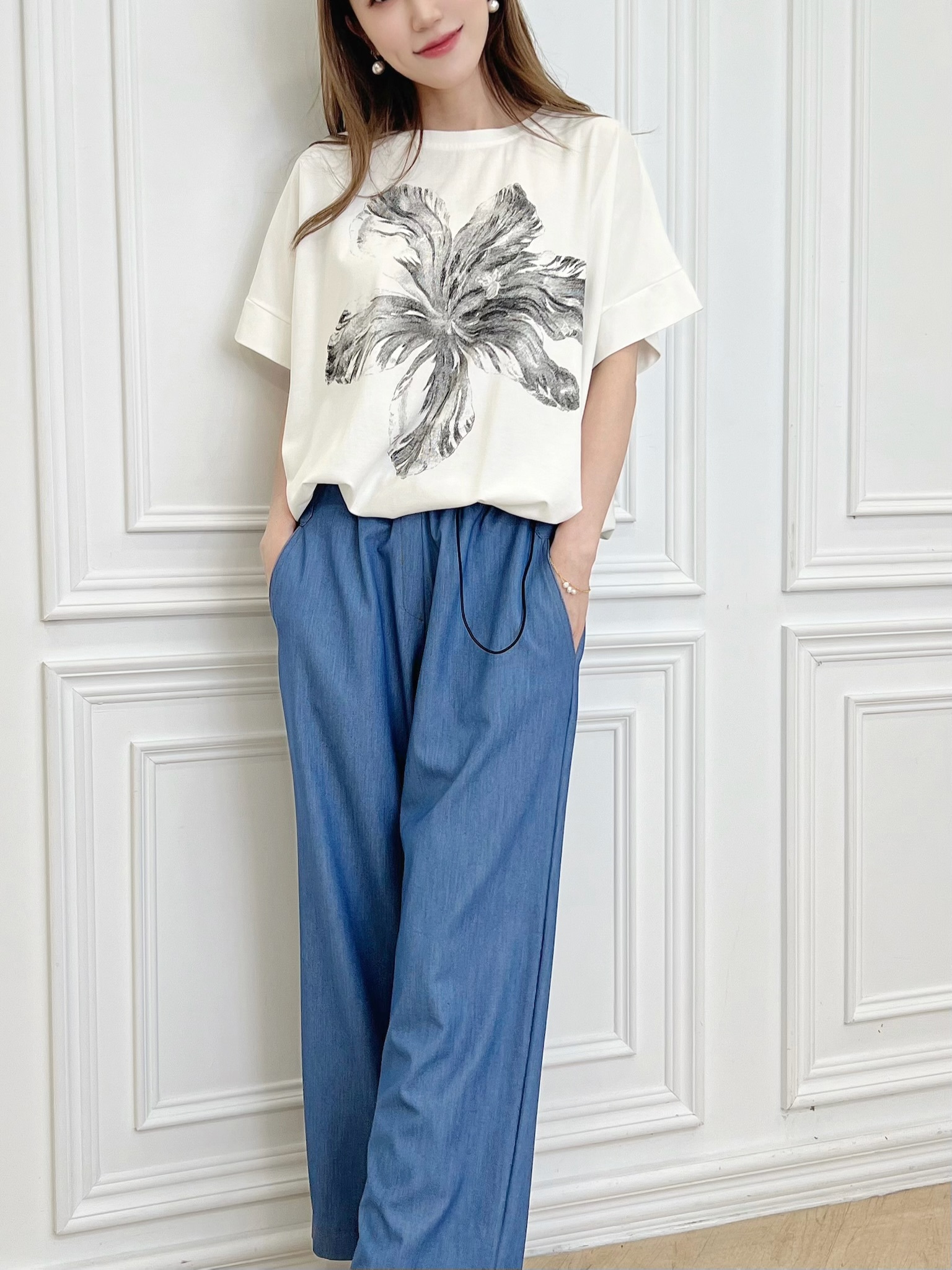 柔軟丹寧直筒褲