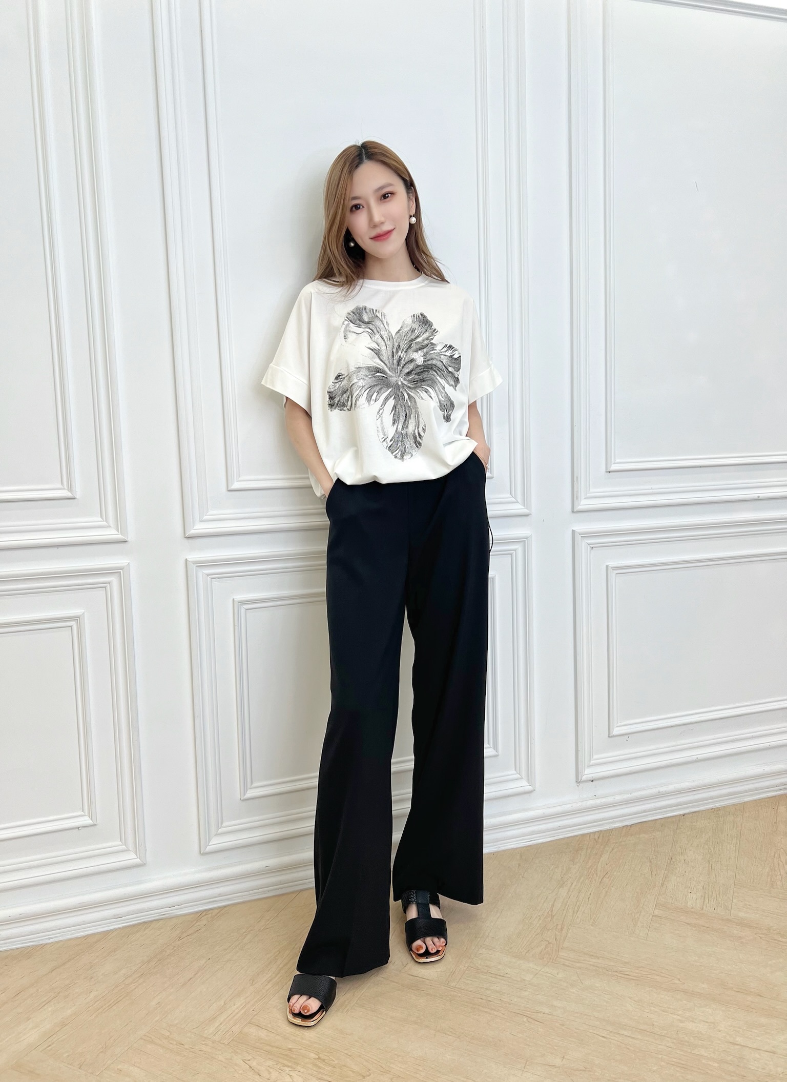 素描花卉腰抽繩短袖T