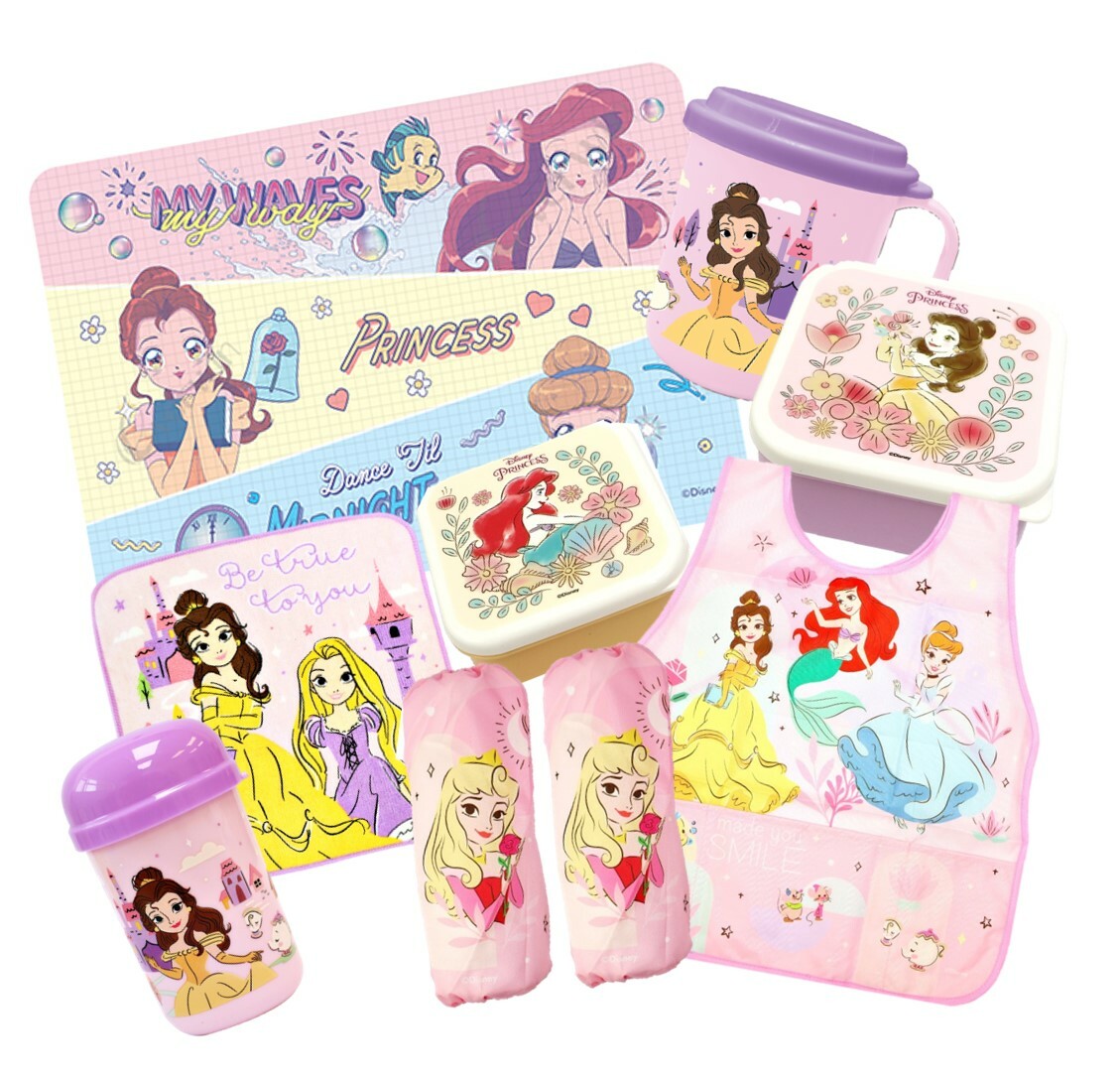 迪士尼公主 -兒童餐具開學組合 (食物盒 |圍裙 |水杯| 餐墊|毛巾)