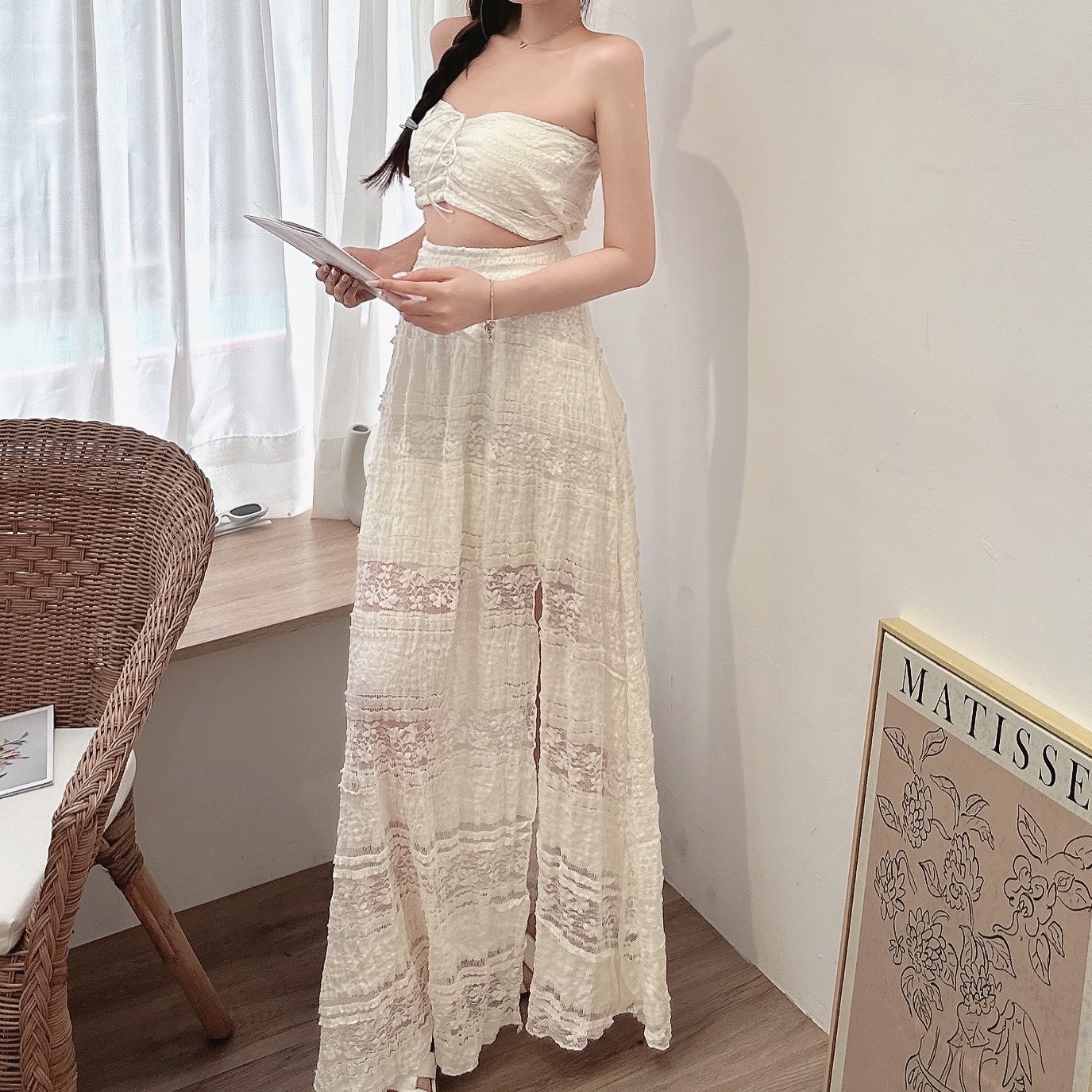 法式蕾絲雕花透視洋裝/三色