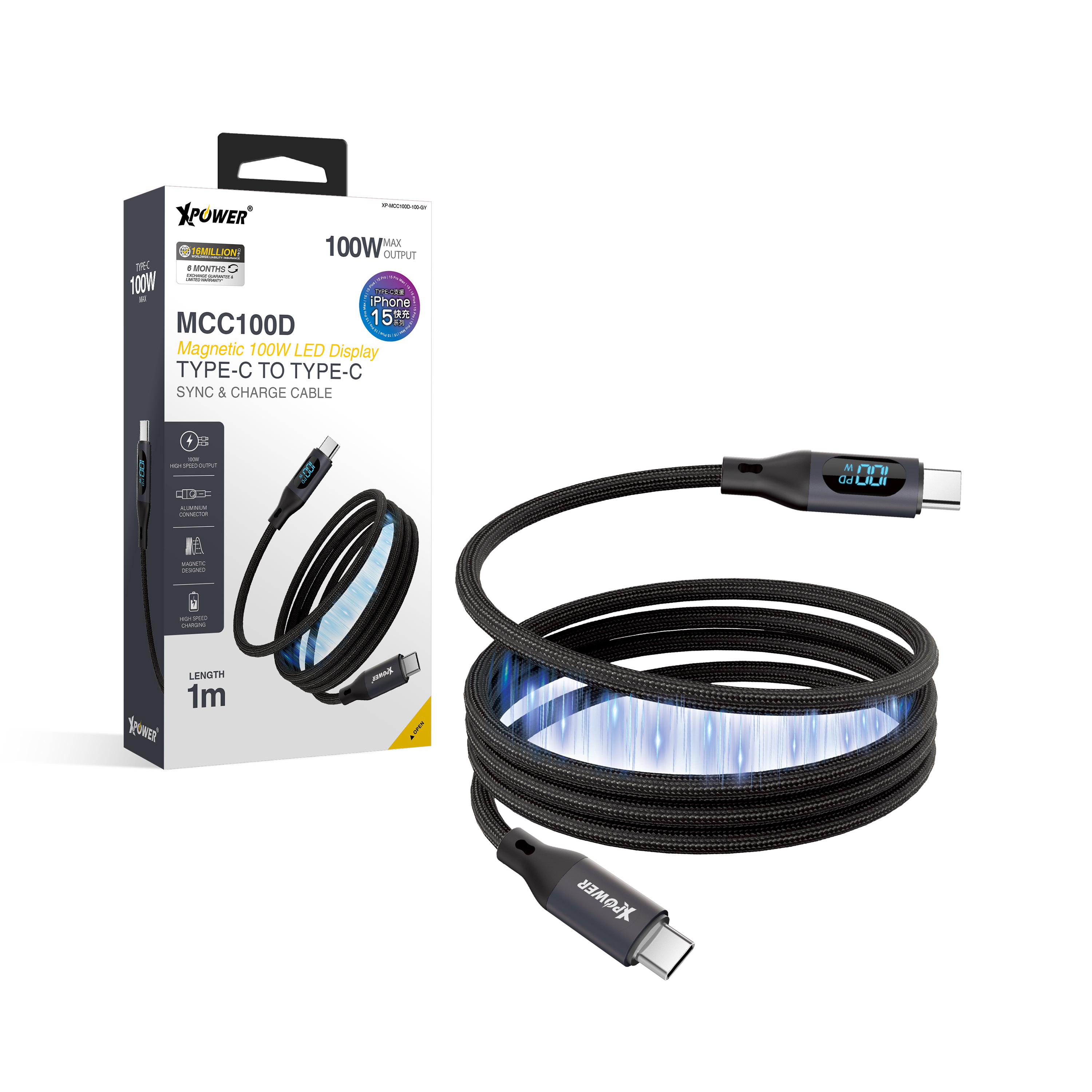 XPower MCC100D 1M 磁吸LED顯示鋁合金100W高速傳輸充電Type-C